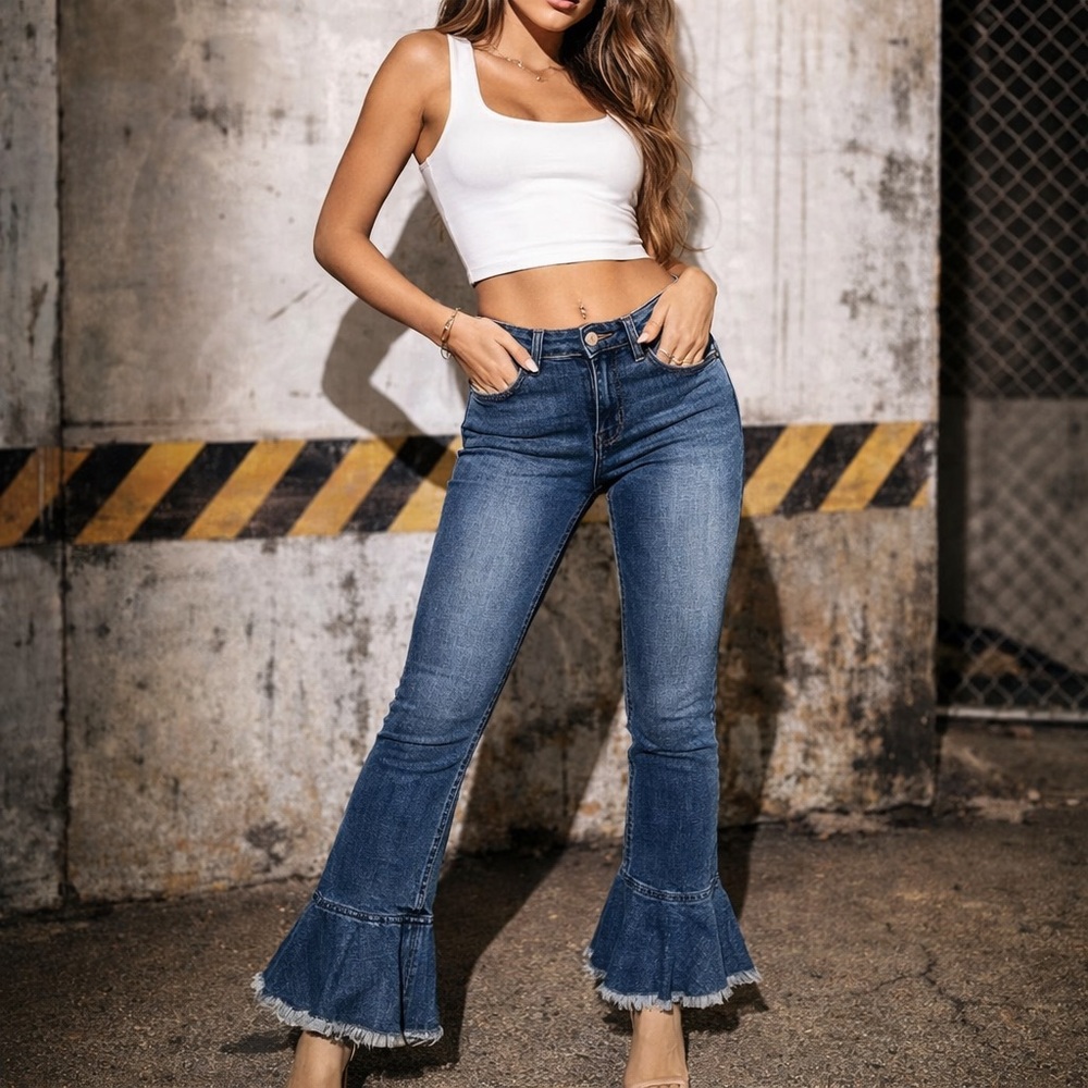 McGuire Size 30 High Rise Flare Ruffle Hem Jeans